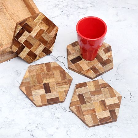 Antique Brown Hexagon Wooden Coasters - Pack of 4